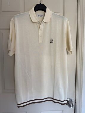 Brunello Cucinelli Cream Polo with Brown Hem Stripes